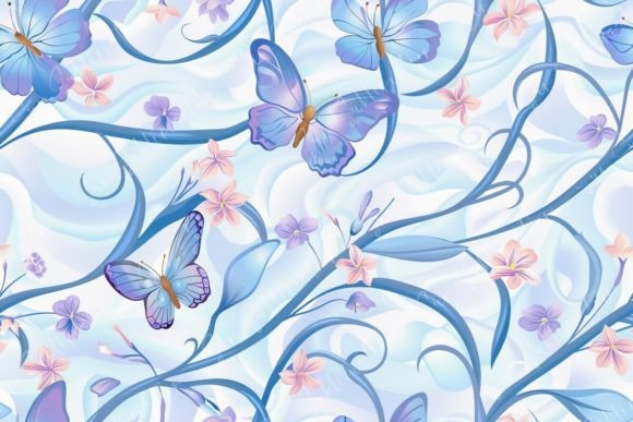 Butterflies and Floral Patterns on Blue: A Tranquil Design for Modern Spaces