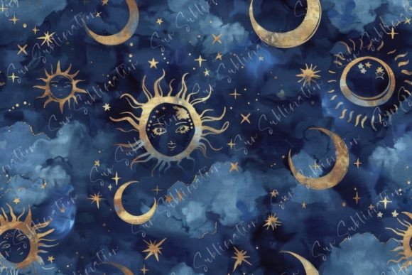 Celestial Patterns on Blue Watercolor: A Mystical Design for Creative and Professional Use