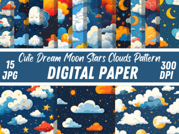 Cute Dream Moon Stars Clouds Patterns: A Versatile Digital Design Bundle