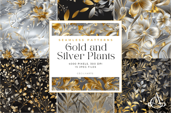 Gold and Silver Plants Seamless Patterns: Elevate Your Crafting Projects with Stunning Digital Papers