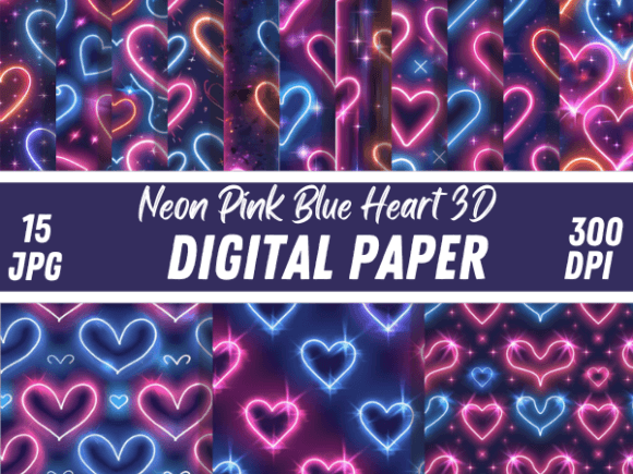 Neon Pink Blue Heart 3D Papers Patterns: A Vibrant Creative Asset for Designers and Crafters