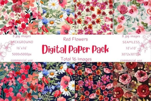 Red Flowers Eight Seamless Patterns Pack: A Versatile Resource for Designers and Creators